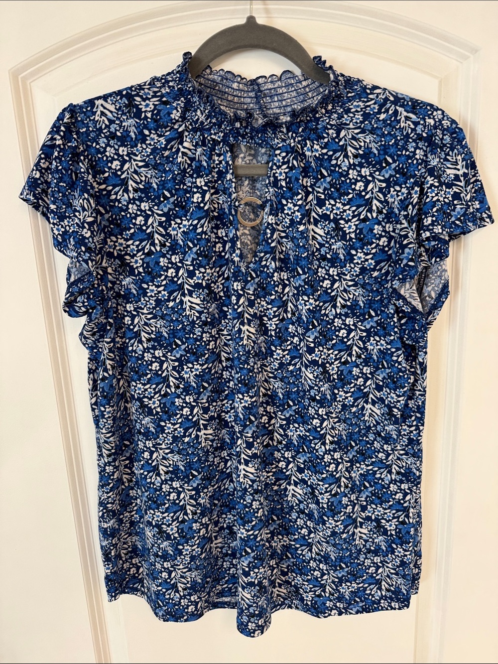 Adrienne Vittadini Navy and White Floral Ruffle Mock Neck Blouse